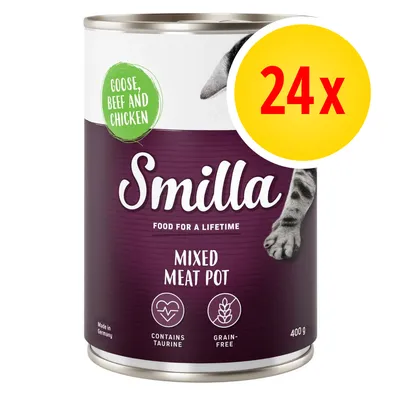 Smilla Mixed Meat Pot with goose, beef and chicken, contains taurine, grain-free, 400g tin, pack of 24. Smilla Mixed Meat Pot with goose, beef and chicken, contains taurine, grain-free, 400g tin, pack of 24.