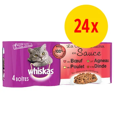 Whiskas Katzenfutter, 4 Dosen, La Crème du Boucher in Sauce mit Rind, Lamm, Huhn und Truthahn. 100% ausgewogen, auch für sterilisierte Katzen geeignet. Packung enthält 24 Portionen.