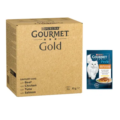 PURINA Gourmet Gold, 96 x 85 g, variétés : bœuf, poulet, thon, saumon. PURINA Gourmet Perle Plaisir en Sauce illustré. PURINA Gourmet Gold, 96 x 85 g, variétés : bœuf, poulet, thon, saumon. PURINA Gourmet Perle Plaisir en Sauce illustré.