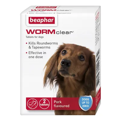 WORMclear tablets for dogs, kills roundworms and tapeworms, effective in one dose, pork flavoured, 2 tablets, suitable for dogs up to 20kg.