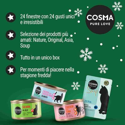 Testo: 24 finestre con 24 gusti unici e irresistibili, selezione dei prodotti più amati: Nature, Original, Asia, Soup. Tutto in un unico box. Per momenti di piacere nella stagione fredda!