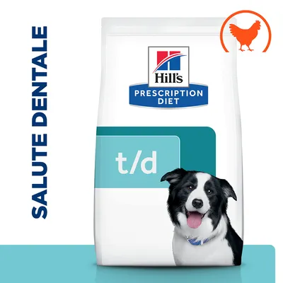 Confezione Hill's Prescription Diet t/d per cani, scritta 'SALUTE DENTALE' a sinistra, simbolo arancione di pollo in alto a destra, immagine di cane sul fronte.
