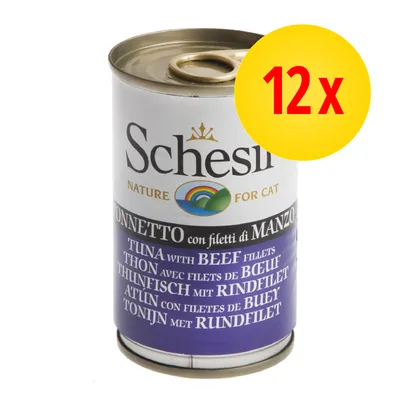 Schesir Nature for Cat, tonnetto con filetti di manzo, confezione da 12 lattine. Testo multilingue: Tuna with beef fillets, Thunfisch mit Rindfilet, ecc. Schesir Nature for Cat, tonnetto con filetti di manzo, confezione da 12 lattine. Testo multilingue: Tuna with beef fillets, Thunfisch mit Rindfilet, ecc.