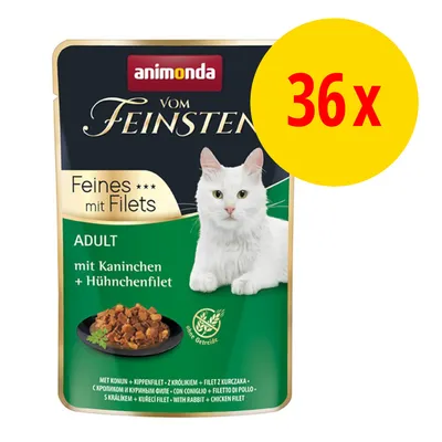 animonda vom Feinsten Feines mit Filets ADULT mit Kaninchen + Hühnerfilet, ohne Getreide, 36x Portionsbeutel abgebildet.
