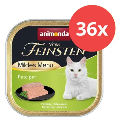 Animonda Vom Feinsten Mildes Menü Pute pur, 36x Portionen. Abgebildet: weiße Katze und serviertes Katzenfutter auf schwarzem Teller.
