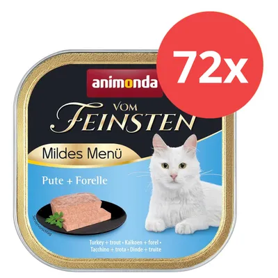 Animonda Vom Feinsten Mildes Menü Pute + Forelle, 72x Portionsschalen mit Abbildung einer weißen Katze und serviertem Futter.