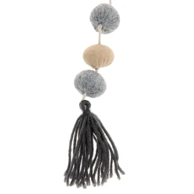 Toy made of felt balls in grey and beige, with a grey tassel at the end. Suitable for pets to play with.
