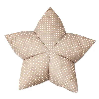 Coussin en forme d’étoile, tissu beige à pois blancs, rembourrage visible. Aucun texte ou marque apparente.