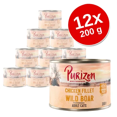 Purizon Chicken Fillet with Wild Boar til voksne katte, 12 x 200 g dåser. 45 % chicken fillet synligt på emballagen.