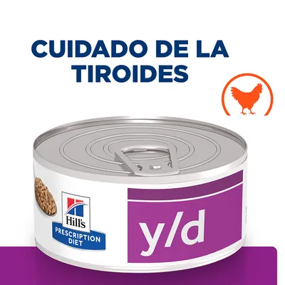 Hill's Prescription Diet y/d, lata con texto 'CUIDADO DE LA TIROIDES' y símbolo de pollo naranja. Envase metálico visible.