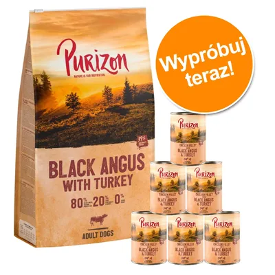 Purizon Black Angus with Turkey dla dorosłych psów, opakowanie suchej karmy i sześć puszek. Widoczny napis: Wypróbuj teraz! 80 % mięsa, 20 % warzyw, 0 % zbóż.