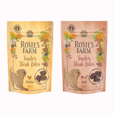 Rosie's Farm Tender Steak Bites für Erwachsene, Sorten Beef und Chicken, 70g, getreidefreie Rezeptur. Orangefarbener Button mit Text 'Jetzt testen!'.