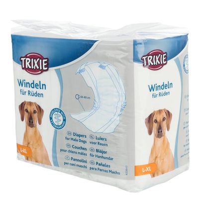 Confezione Trixie Pannolini per cani maschi, taglia L–XL, circonferenza 60–80 cm, testo multilingue e illustrazione del prodotto visibili sulla confezione.