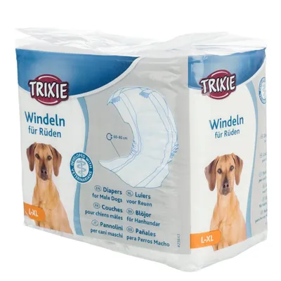 Confezione Trixie Pannolini per cani maschi, taglia L–XL, circonferenza 60–80 cm, testo multilingue e illustrazione del prodotto visibili sulla confezione.