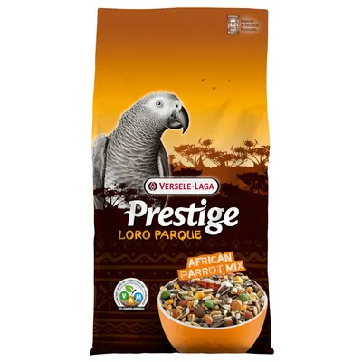 Versele-Laga Prestige Loro Parque African Parrot Mix. Verpackung mit Papageienbild, Vit-Amino-Mineral-Siegel und frischer Mischung aus Samen und Körnern.