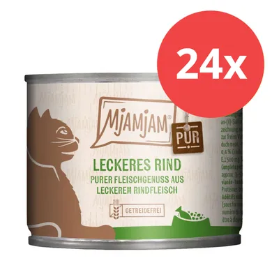 MjAMjAM Pur Leckeres Rind, purer Fleischgenuss aus leckerem Rindfleisch, getreidefrei. Verpackung zeigt 24x Dosen.