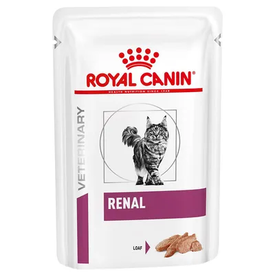 Опаковка Royal Canin Veterinary Renal за котки, изображение на котка, текст: LOAF. Бял фон с лилава лента и червен надпис.
