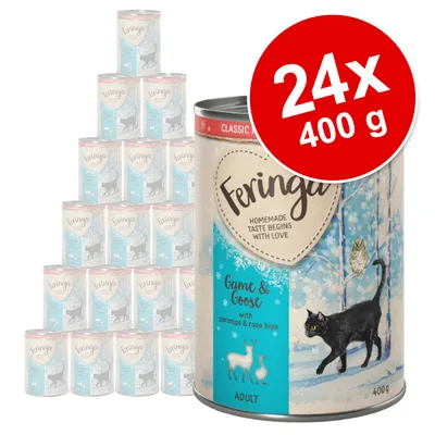 Lot de 24 boîtes Feringa Game & Goose pour chat adulte, 400 g chacune. Texte visible : 'Homemade taste begins with love', 'Game & Goose with parsnips & rose hips'.