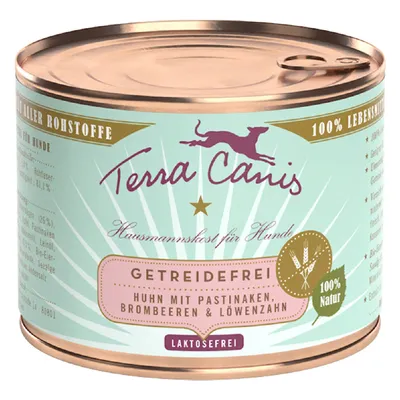 Terra Canis hrană pentru câini, fără cereale, pui cu păstârnac, mure și păpădie, fără lactoză, 100% ingrediente naturale.
