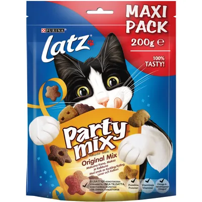 Latz Party Mix Original Mix kissan makupalat, kana ja maksa, 200 g, Maxi Pack. Ei lisättyjä keinotekoisia väriaineita, proteiinia, vitamiineja, omega-6-rasvahappoja. Latz Party Mix Original Mix kissan makupalat, kana ja maksa, 200 g, Maxi Pack. Ei lisättyjä keinotekoisia väriaineita, proteiinia, vitamiineja, omega-6-rasvahappoja.
