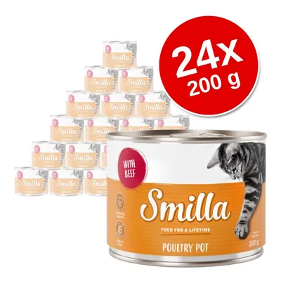 Smilla Poultry Pot with Beef, zestaw 24 puszek po 200 g. Na etykiecie widoczny kot i napisy: WITH BEEF, CONTAINS TAURINE, GRAIN-FREE.