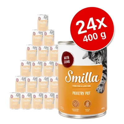 Smilla Poultry Pot with Lamb, 24 puszki po 400 g. Widoczny napis: contains taurine, grain-free. Na etykiecie kot i logo Smilla.