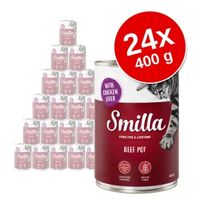 Smilla Beef Pot with Chicken Liver, 24 puszki po 400 g. Na etykiecie: contains taurine, grain-free. Widoczny kot i logo Smilla.