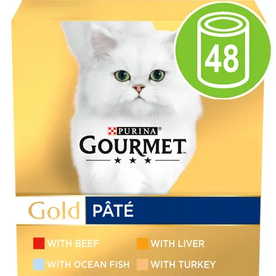 Gold pâté selection with beef, liver, ocean fish and turkey. Pack contains 48 portions.
