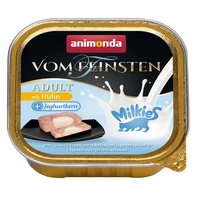 Animonda Vom Feinsten Adult s kuracím mäsom a jogurtovým jadrom. Viditeľné logo Milkies. Produktové zobrazenie ukazuje kus mäsa s jogurtovou náplňou.