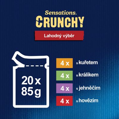 Sensations CRUNCHY Lahodný výběr, 20×85 g: 4× s kuřetem, 4× s králíkem, 4× s jehněčím, 4× s hovězím.