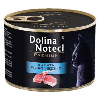 Boîte Dolina Noteci Premium, texte visible : BOGATA W JAGNIĘCINĘ, image d’un chat et morceaux de viande sur l’étiquette. Texte en polonais.