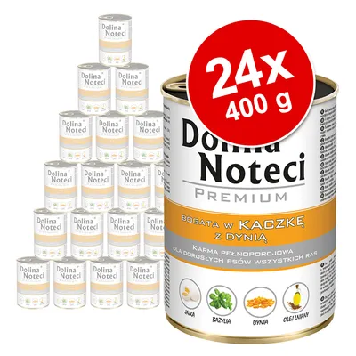 Set 24x400 g Dolina Noteci Premium, bogată în KACZKĘ z dynią. Ingrediente vizibile: ou, busuioc, dovleac, ulei de in. Text polonez pe ambalaj.