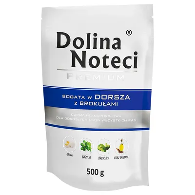 Dolina Noteci Premium, reich an Dorsch mit Brokkoli. Vollwertfutter für erwachsene Hunde aller Rassen. Zutaten: Ei, Basilikum, Brokkoli, Leinöl. Packungsgrösse: 500 g.