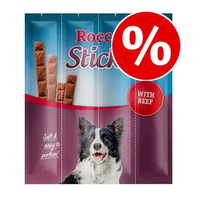 Rocco Sticks with beef, soft & easy to portion, visible dog image on pack, red percentage discount symbol top right