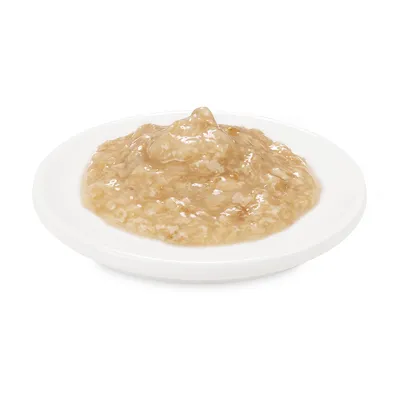Portion de pâtée humide beige servie sur une assiette blanche, texture en gelée visible. Aucun emballage ou marque apparente.