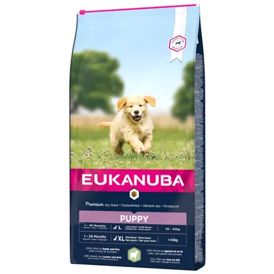 Eukanuba Puppy суха храна за големи и гигантски породи, с агнешко и ориз и куркума. Възраст: 1-18 месеца (L), 1-24 месеца (XL). Тегло: 25-40 кг (L), над 40 кг (XL).