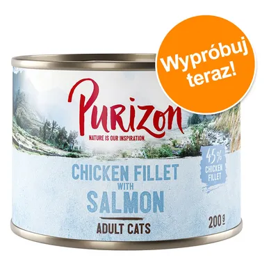 Purizon Chicken Fillet with Salmon dla dorosłych kotów, 45% chicken fillet, masa netto 200 g. Pomarańczowe kółko z napisem: Wypróbuj teraz!