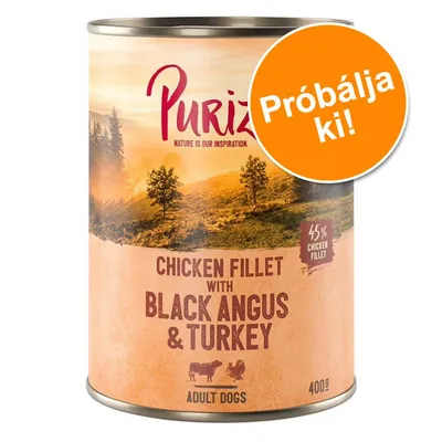 Purizon Chicken Fillet with Black Angus & Turkey, 45% chicken fillet, Adult Dogs, 400g konzerv. Narancssárga kör: Próbálja ki!