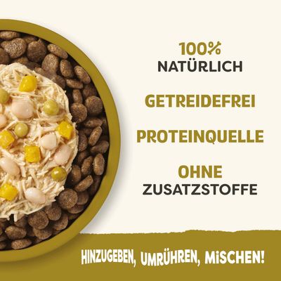 100% natürlich, getreidefrei, Proteinquelle, ohne Zusatzstoffe. Hinzugeben, umrühren, mischen!