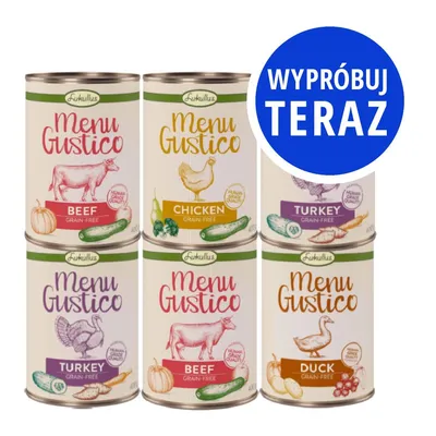 Pięć puszek Lukullus Menu Gustico: Beef, Chicken, Turkey, Duck. Widoczny napis na niebieskim kole: Wypróbuj teraz. Pięć puszek Lukullus Menu Gustico: Beef, Chicken, Turkey, Duck. Widoczny napis na niebieskim kole: Wypróbuj teraz.