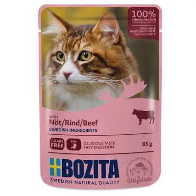Bozita nourriture pour chats au bœuf en gelée, ingrédients suédois, 100% protéines animales, sans céréales, FOS pour digestion facile, 85g. Fabriqué à Vårgårda.