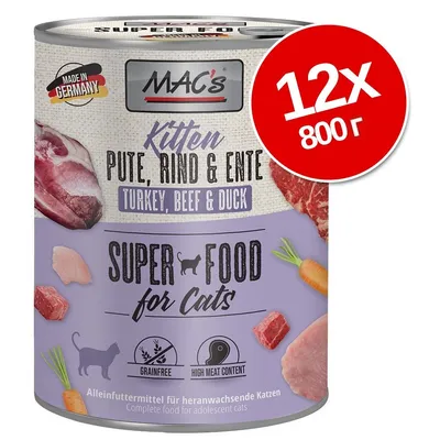 Консерва MAC's Kitten Turkey, Beef & Duck, Super Food for Cats, 12×800 г. Без зърно, високо съдържание на месо. Произведено в Германия. За подрастващи котки.