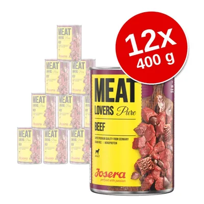 Zestaw 12 puszek Josera Meat Lovers Pure Beef, każda 400 g. Na etykiecie: kawałki mięsa, napis MEAT LOVERS Pure BEEF, Josera petfood with passion, dla dorosłych psów. Zestaw 12 puszek Josera Meat Lovers Pure Beef, każda 400 g. Na etykiecie: kawałki mięsa, napis MEAT LOVERS Pure BEEF, Josera petfood with passion, dla dorosłych psów.