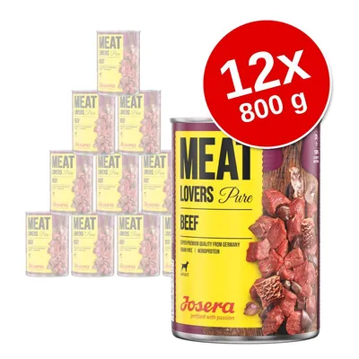 Zestaw 12 puszek Josera Meat Lovers Pure Beef, każda 800 g. Na etykiecie: wołowina, monobiałko, bez zbóż, dla dorosłych psów. Widoczne kawałki mięsa na opakowaniu. Zestaw 12 puszek Josera Meat Lovers Pure Beef, każda 800 g. Na etykiecie: wołowina, monobiałko, bez zbóż, dla dorosłych psów. Widoczne kawałki mięsa na opakowaniu.
