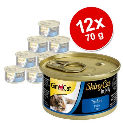 GimCat ShinyCat Jelly -säästöpakkaus 12 x 70 g lajitelma: tonnikala & kana + tonnikala & katkarapu