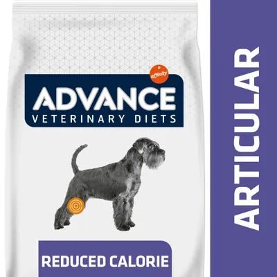 ADVANCE Veterinary Diets affinity, ARTICULAR, REDUCED CALORIE. Kuvassa koira ja oranssi ympyrä takajalassa. Näkyvissä tuotepakkaus ja brändinimi.