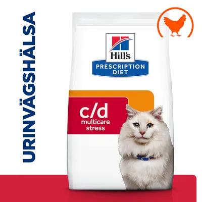 Hill's Prescription Diet c/d multicare stress kattmat, texten URINVÄGSHÄLSA till vänster och en orange kycklingsymbol uppe till höger på förpackningen.