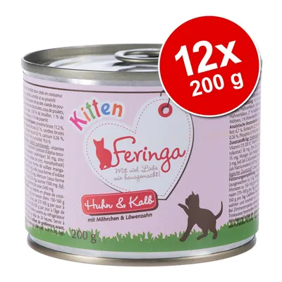 Konzerva Feringa Kitten Huhn & Kalb, 12×200 g. Text: Mit viel Liebe wie hausgemacht! mit Möhrchen & Löwenzahn. Balení pro koťata.