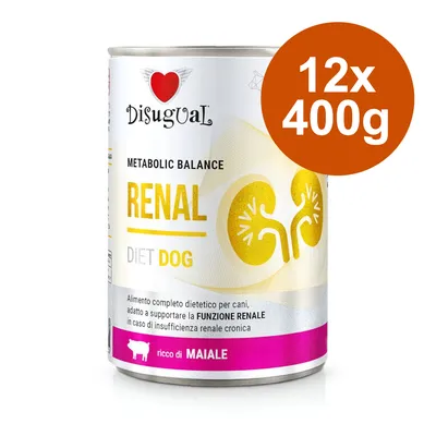 Disugual Metabolic Balance Renal Diet Dog, 12x400g. Texte visible : alimento completo dietetico per cani, funzione renale, ricco di maiale.