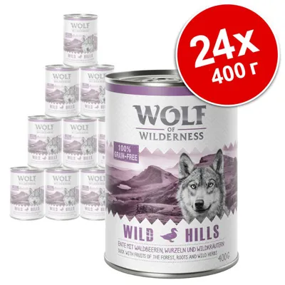 Wolf of Wilderness Wild Hills, 24 консерви по 400 г. Видим текст: 100% grain-free, Wild Hills, Duck with fruits of the forest, roots and wild herbs.